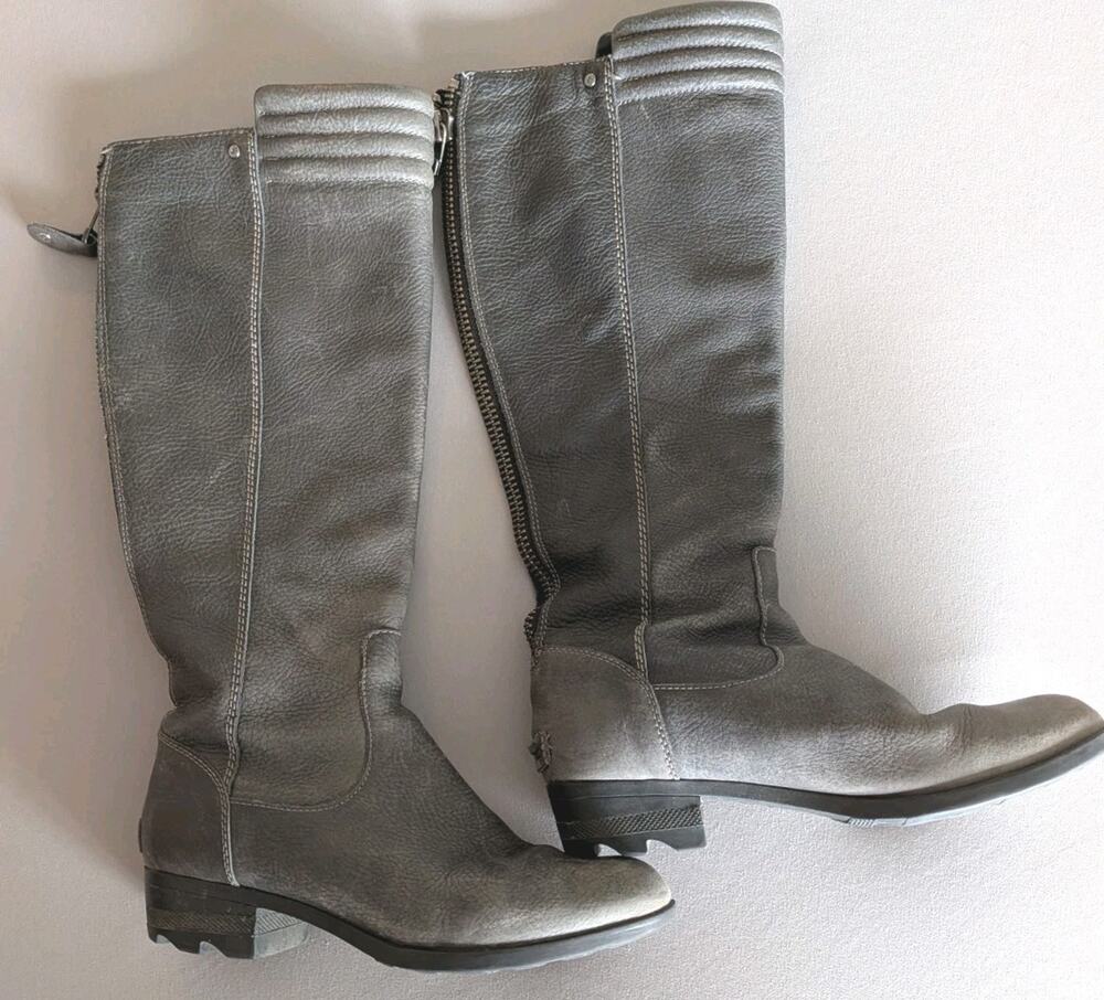 Sorel Danica Size 8 Gray Women's Leather Knee High Moto Riding Boots Zip